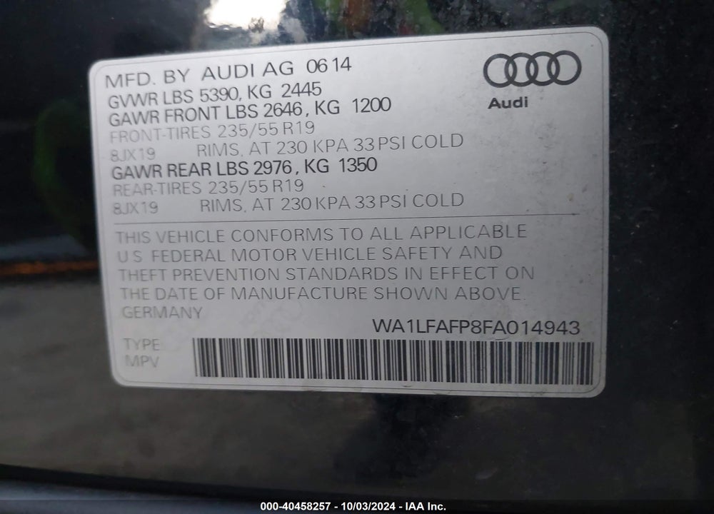 2015 AUDI Q5 2.0T PREMIUM VIN: WA1LFAFP8FA014943