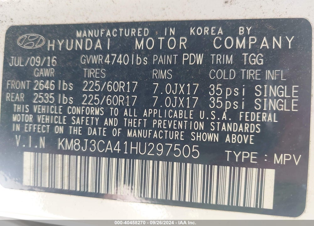 2017 HYUNDAI TUCSON SE VIN: KM8J3CA41HU297505