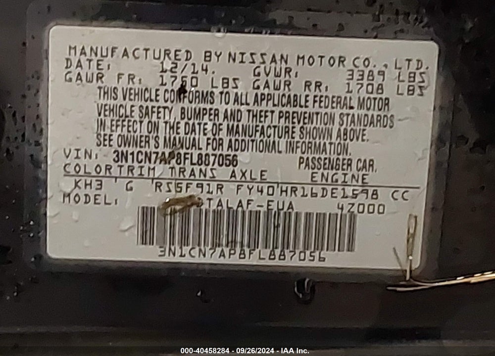 2015 NISSAN VERSA 1.6 S+ VIN: 3N1CN7AP8FL887056