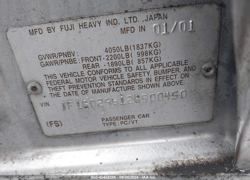 2002 SUBARU IMPREZA WRX VIN: JF1GD29612G500450