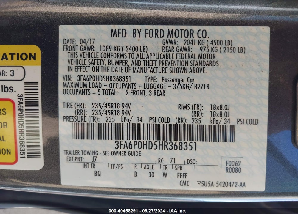 2017 FORD FUSION SE VIN: 3FA6P0HD5HR368351
