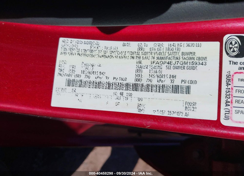 2016 FORD FIESTA SE VIN: 3FADP4EJ7GM159343