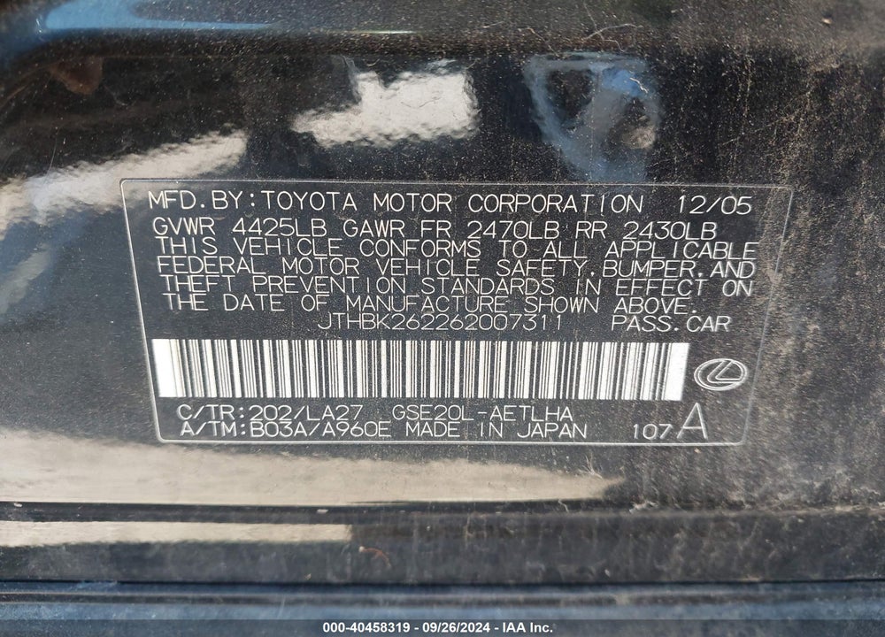 2006 LEXUS IS 250 VIN: JTHBK262262007311