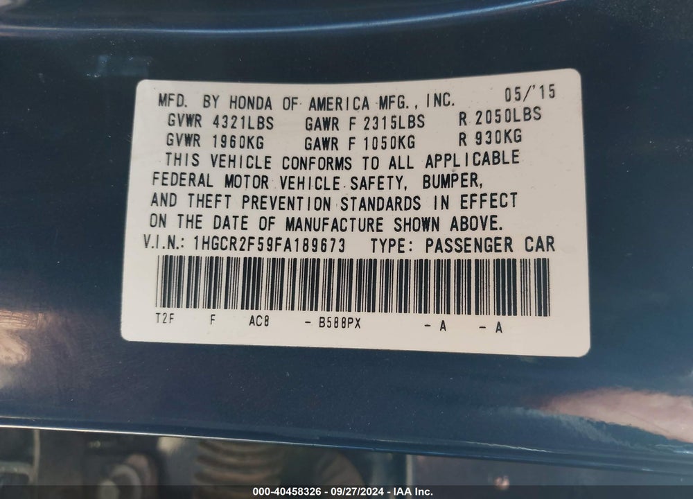 2015 HONDA ACCORD SPORT VIN: 1HGCR2F59FA189673