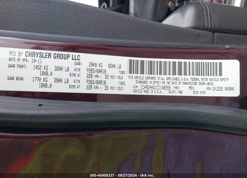 2012 DODGE DURANGO SXT VIN: 1C4RDHAG1CC146559