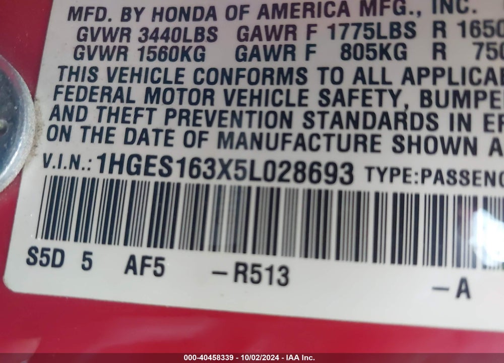 2005 HONDA CIVIC VP VIN: 1HGES163X5L028693