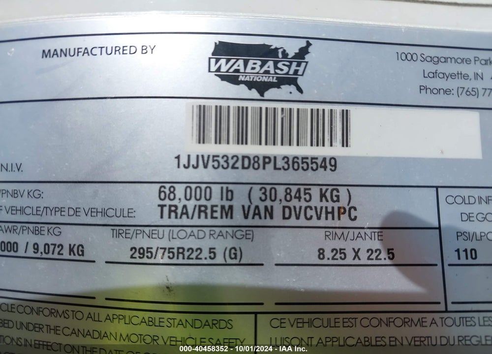 2023 WABASH NATIONAL CORP TRAILER VIN: 1JJV532D8PL365549
