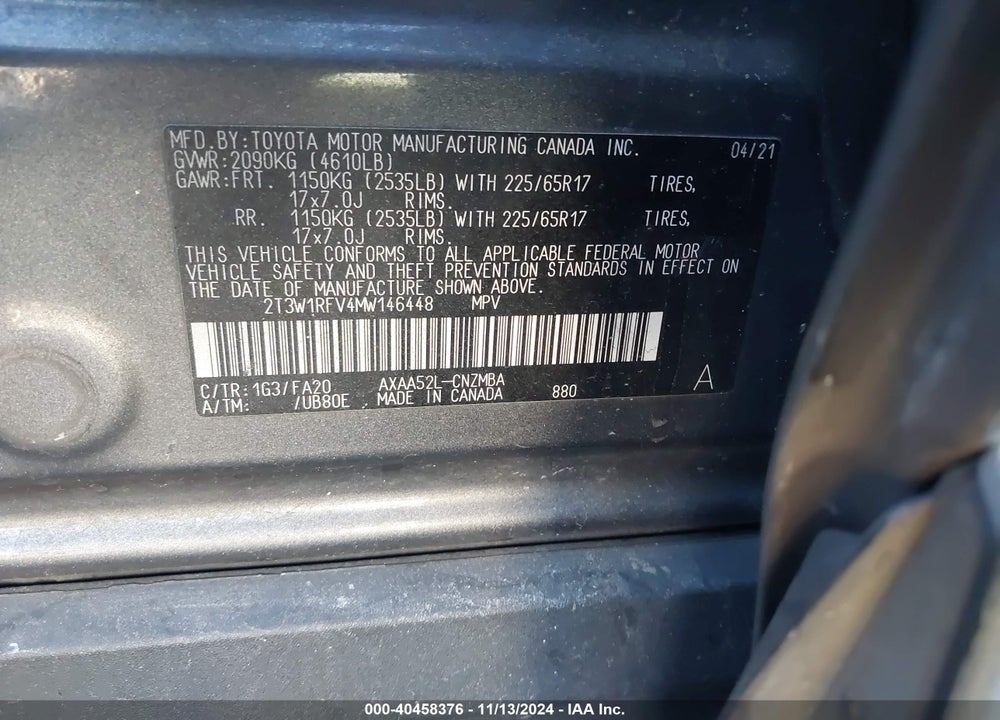 2021 TOYOTA RAV4 XLE VIN: 2T3W1RFV4MW146448