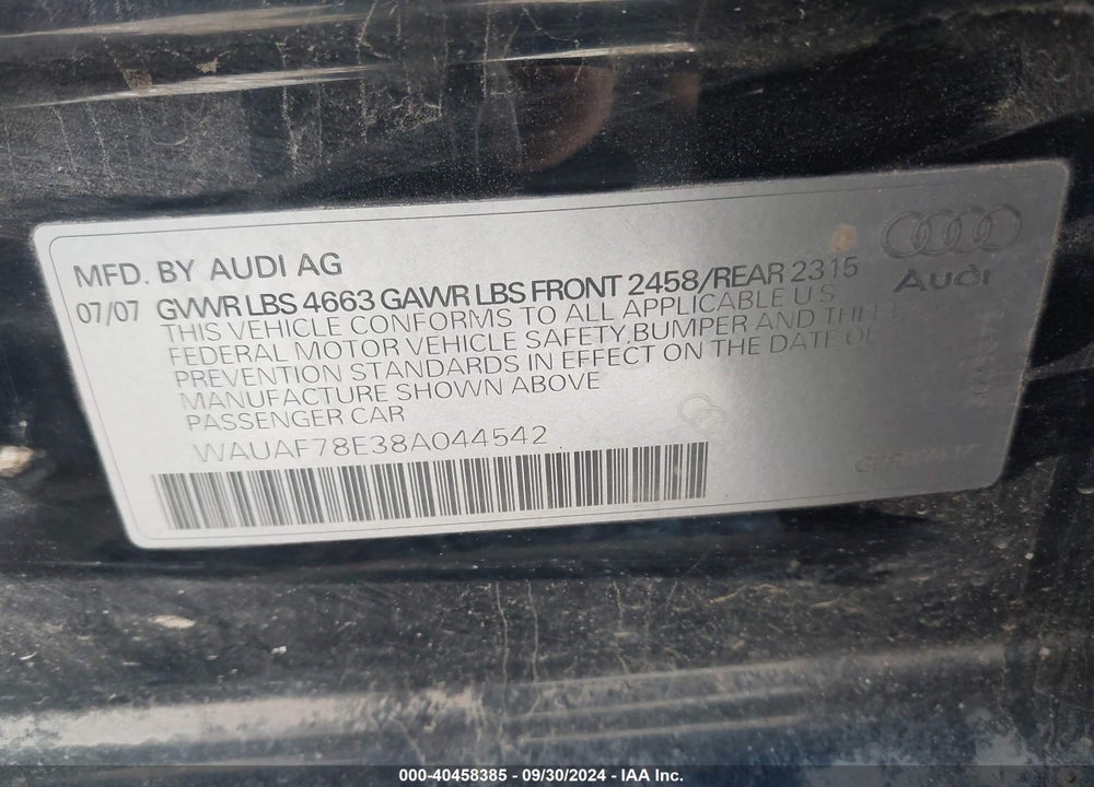 2008 AUDI A4 2.0T VIN: WAUAF78E38A044542