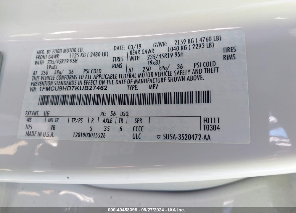 2019 FORD ESCAPE SEL VIN: 1FMCU9HD7KUB27462