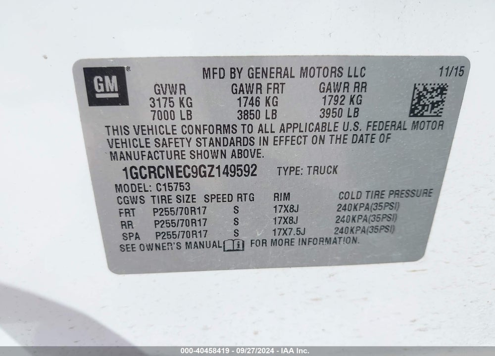 2016 CHEVROLET SILVERADO 1500 LS VIN: 1GCRCNEC9GZ149592