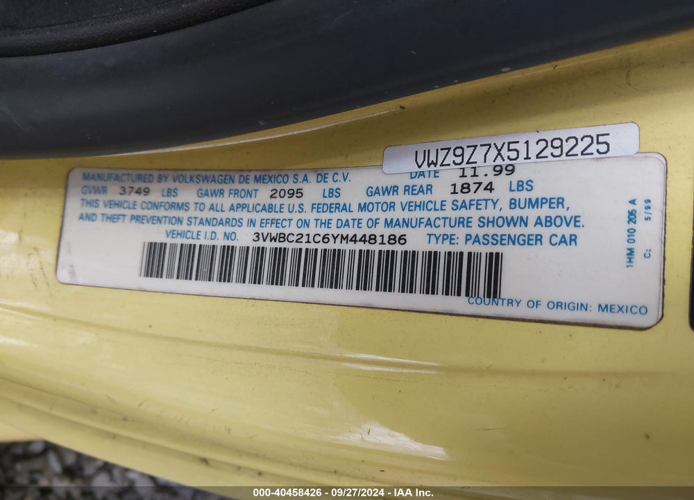 2000 VOLKSWAGEN NEW BEETLE GL VIN: 3VWBC21C6YM448186