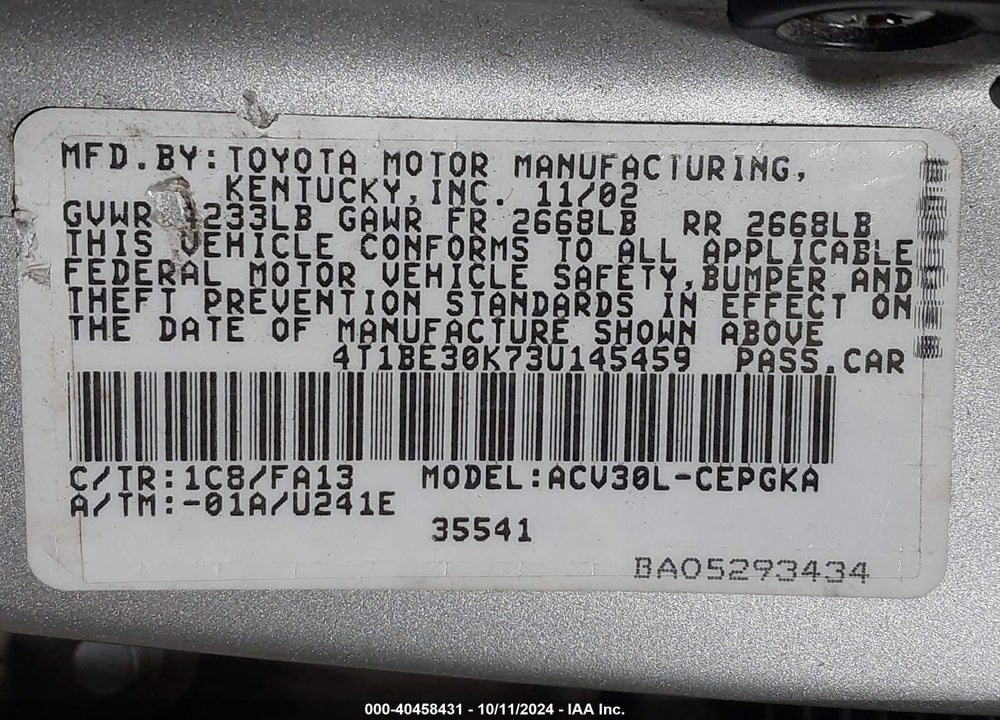 2003 TOYOTA CAMRY XLE VIN: 4T1BE30K73U145459