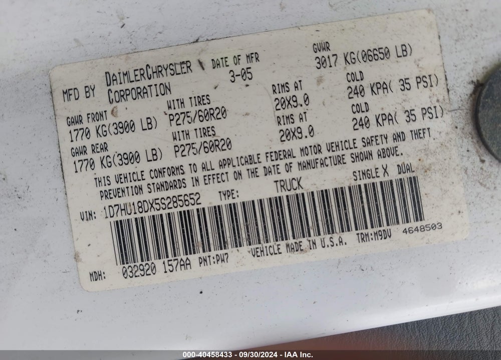 2005 DODGE RAM 1500 SLT/LARAMIE VIN: 1D7HU18DX5S285652