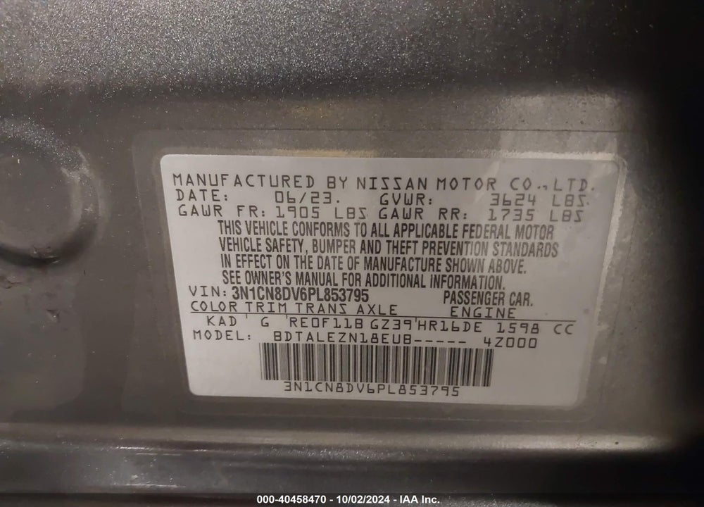 2023 NISSAN VERSA 1.6 S XTRONIC CVT VIN: 3N1CN8DV6PL853795