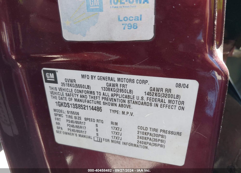 2005 GMC ENVOY SLE VIN: 1GKDS13S852114486