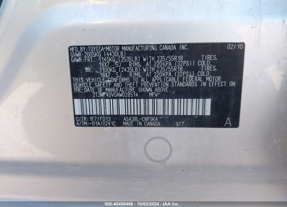 2010 TOYOTA RAV4 SPORT VIN: 2T3WF4DV0AW028514