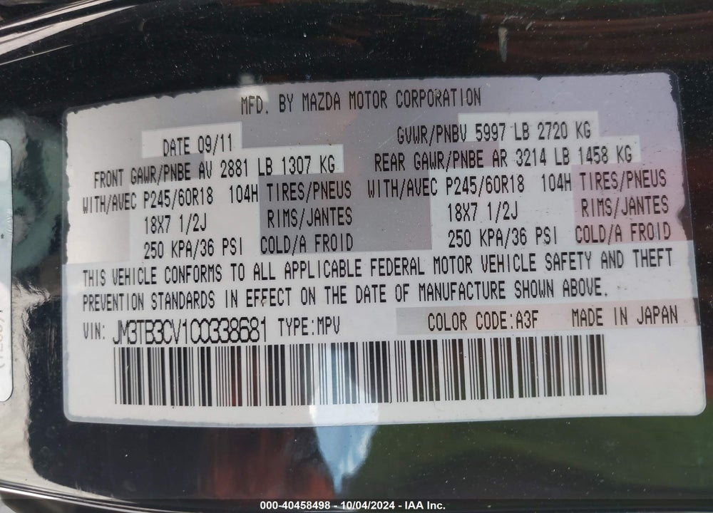 2012 MAZDA CX-9 VIN: JM3TB3CV1C0338681