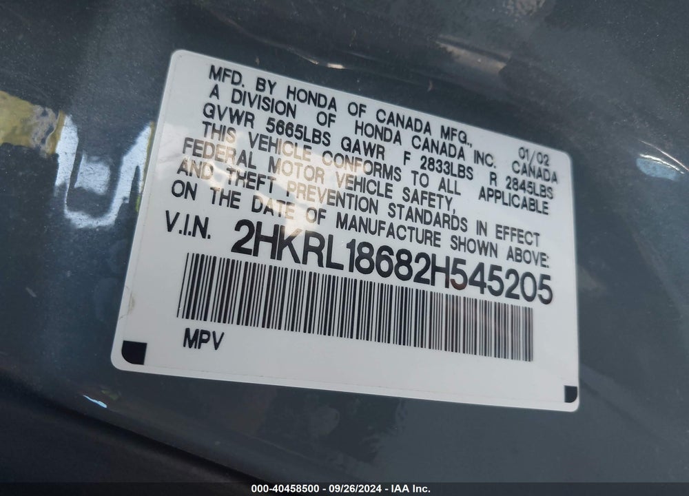 2002 HONDA ODYSSEY EX VIN: 2HKRL18682H545205