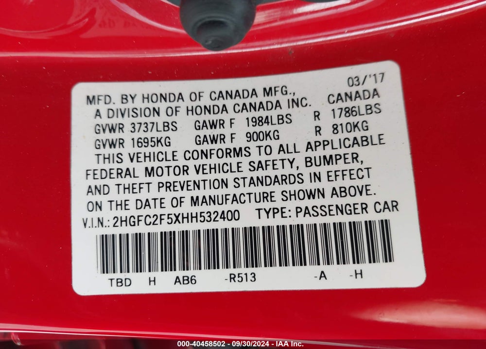 2017 HONDA CIVIC VIN: 2HGFC2F5XHH532400