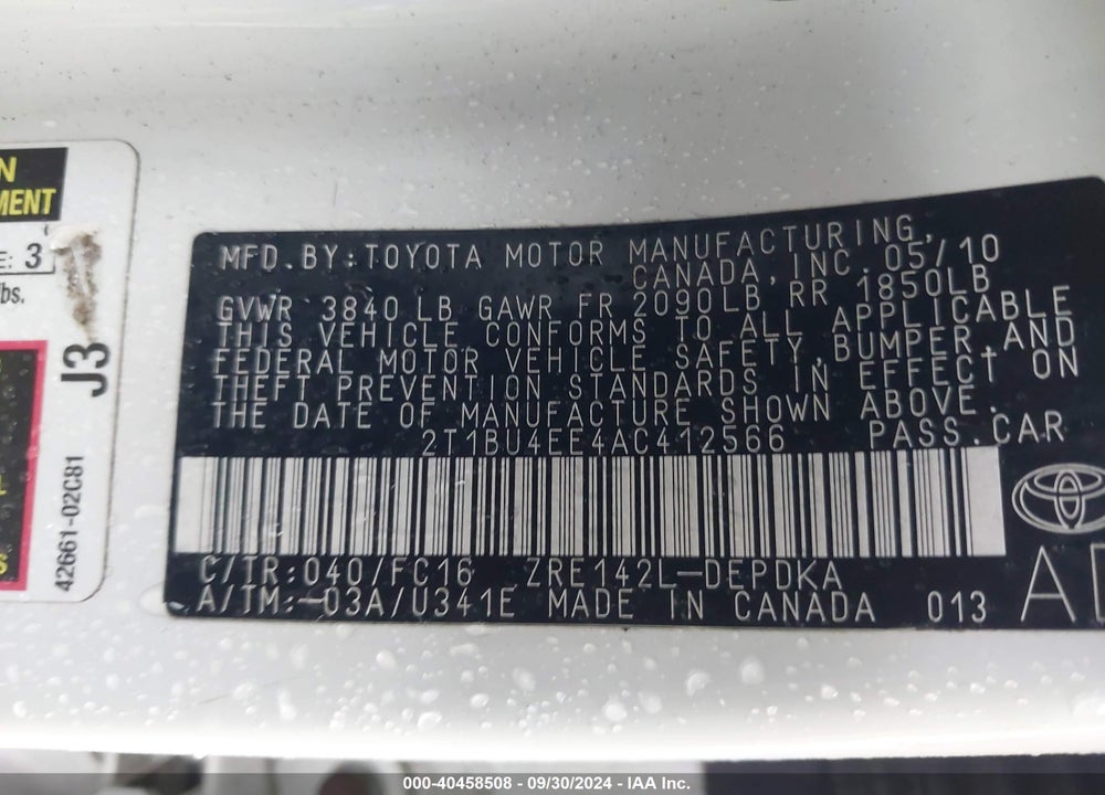 2010 TOYOTA COROLLA LE VIN: 2T1BU4EE4AC412566