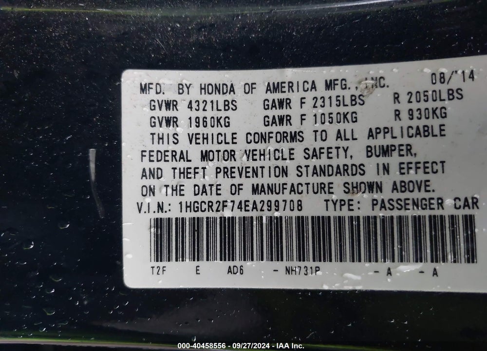 2014 HONDA ACCORD EX VIN: 1HGCR2F74EA299708
