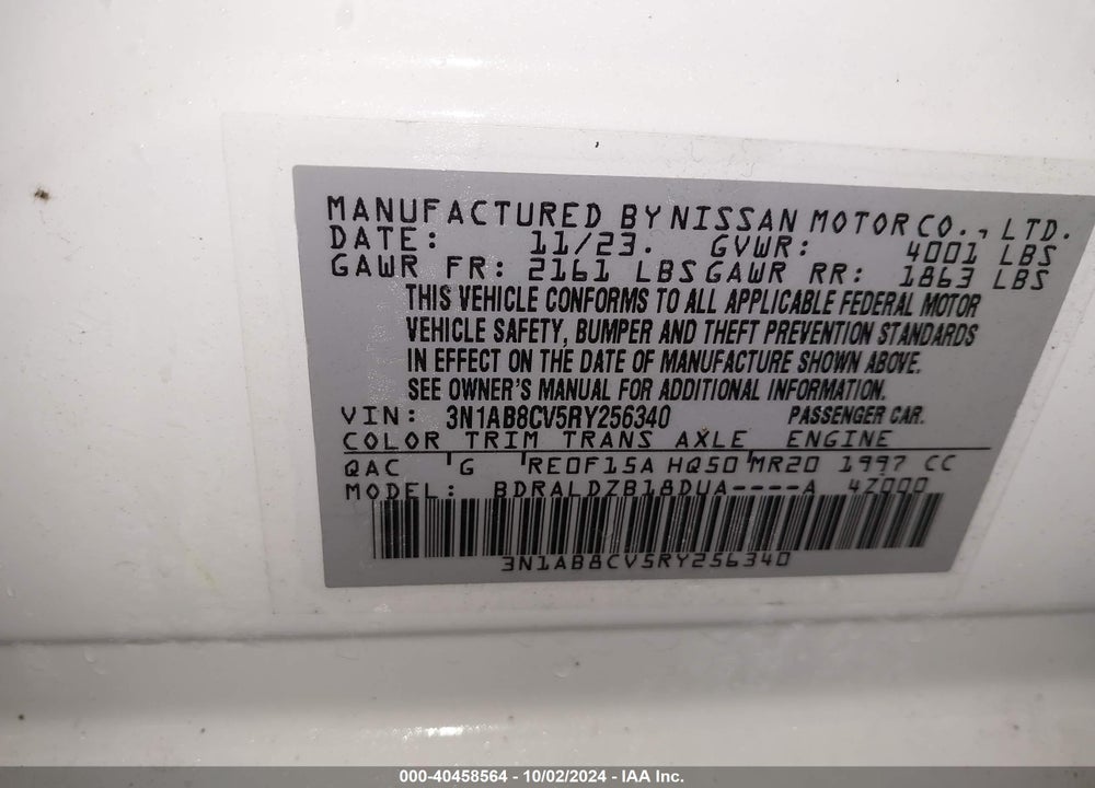 2024 NISSAN SENTRA SV XTRONIC CVT VIN: 3N1AB8CV5RY256340