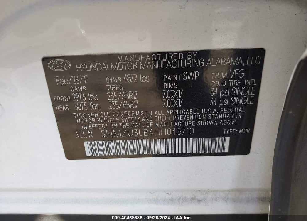 2017 HYUNDAI SANTA FE SPORT 2.4L VIN: 5NMZU3LB4HH045710