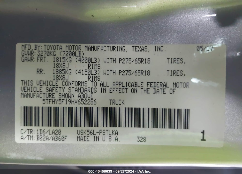 2017 TOYOTA TUNDRA LIMITED 5.7L V8 VIN: 5TFHY5F19HX652286