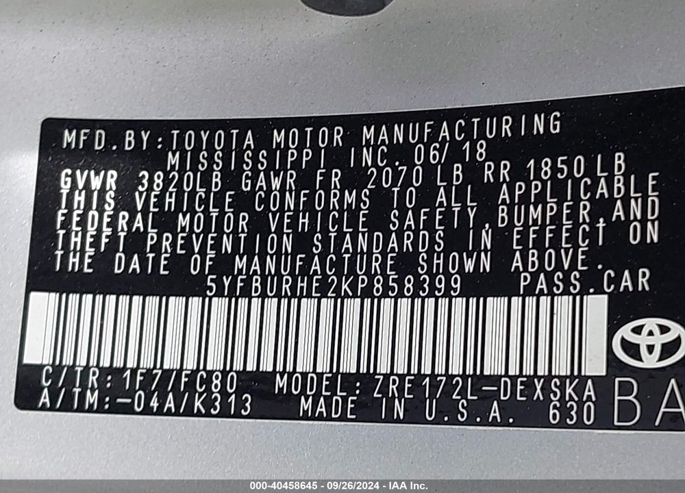 2019 TOYOTA COROLLA SE VIN: 5YFBURHE2KP858399