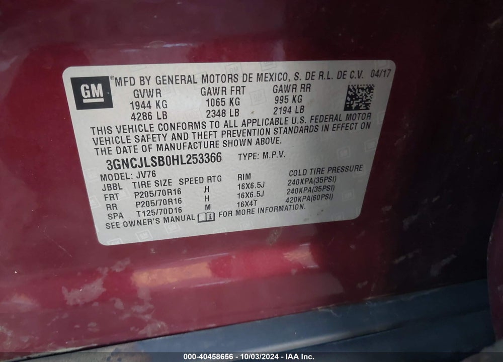 2017 CHEVROLET TRAX LT VIN: 3GNCJLSB0HL253366