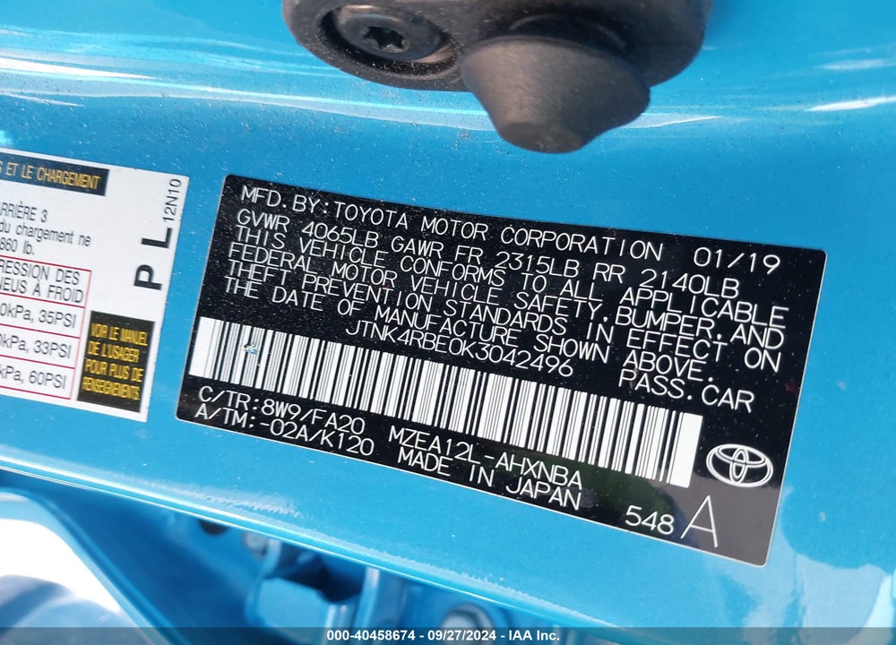 2019 TOYOTA COROLLA SE VIN: JTNK4RBE0K3042496