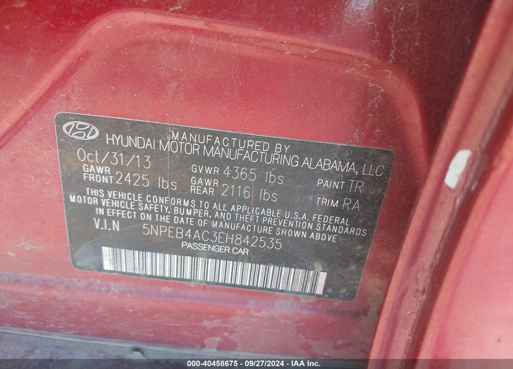 2014 HYUNDAI SONATA GLS VIN: 5NPEB4AC3EH842535