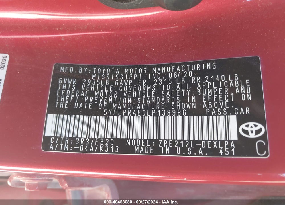 2020 TOYOTA COROLLA LE VIN: 5YFEPRAE0LP138986