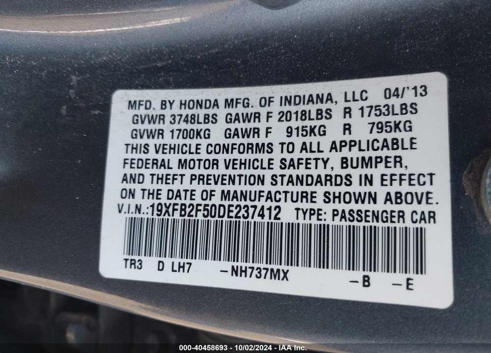 2013 HONDA CIVIC LX VIN: 19XFB2F50DE237412