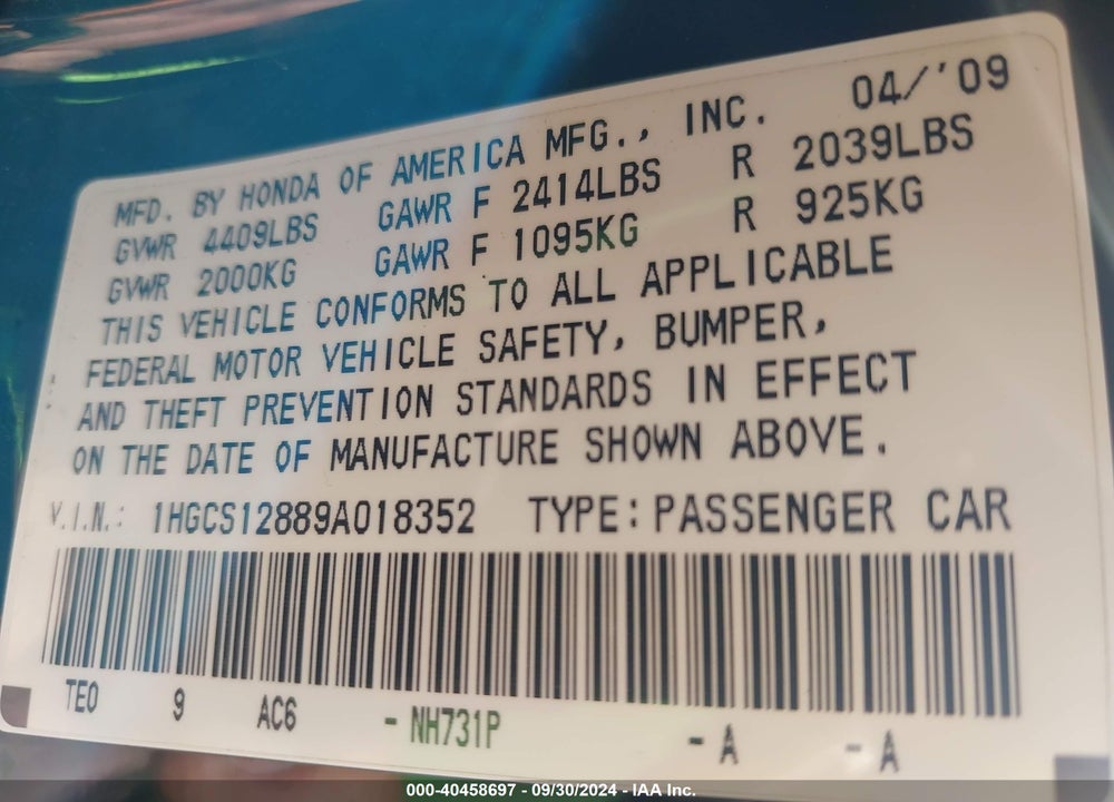 2009 HONDA ACCORD 2.4 EX-L VIN: 1HGCS12889A018352