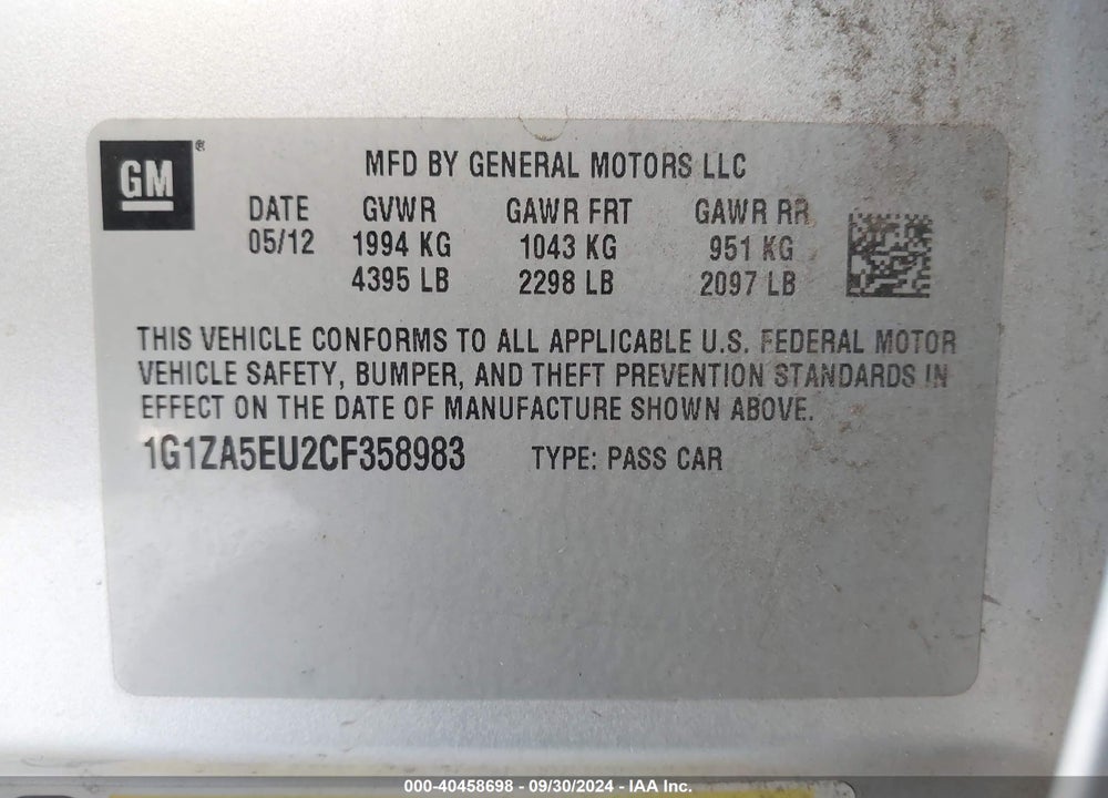 2012 CHEVROLET MALIBU LS VIN: 1G1ZA5EU2CF358983
