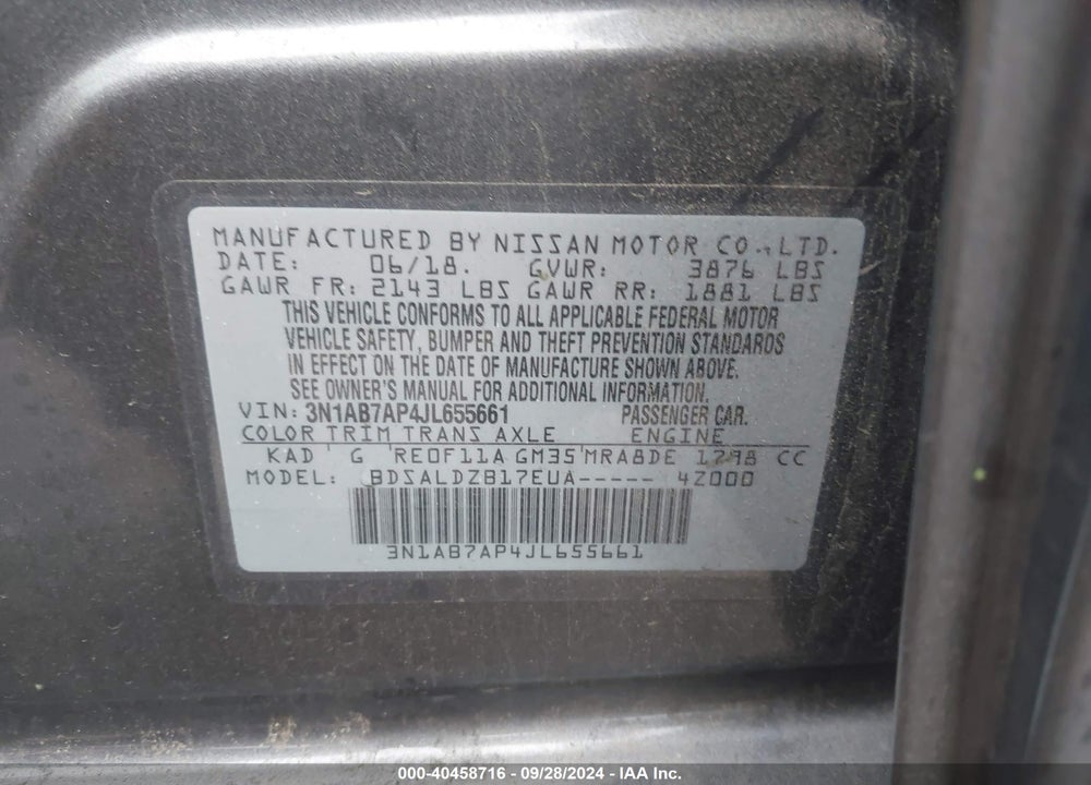 2018 NISSAN SENTRA SV VIN: 3N1AB7AP4JL655661