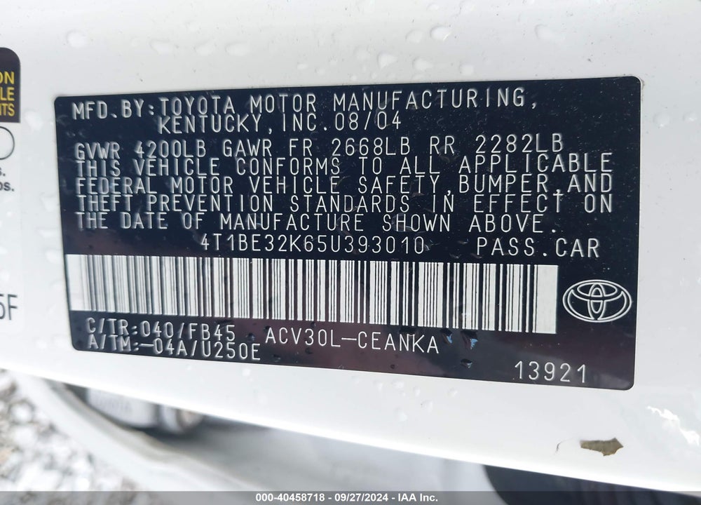 2005 TOYOTA CAMRY LE VIN: 4T1BE32K65U393010