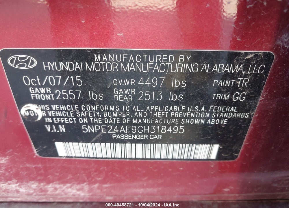 2016 HYUNDAI SONATA SE VIN: 5NPE24AF9GH318495