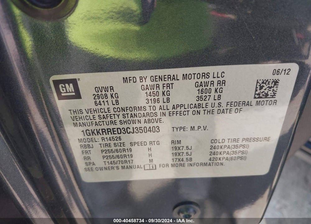 2012 GMC ACADIA SLT-1 VIN: 1GKKRRED3CJ350403