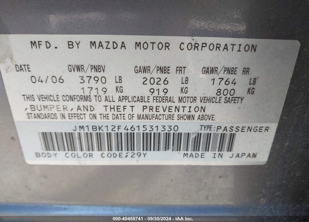 2006 MAZDA 3 I VIN: JM1BK12F461531330