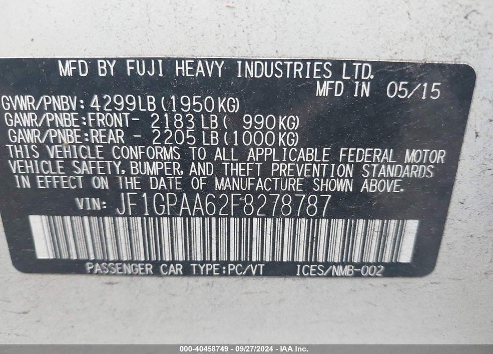 2015 SUBARU IMPREZA 2.0I VIN: JF1GPAA62F8278787