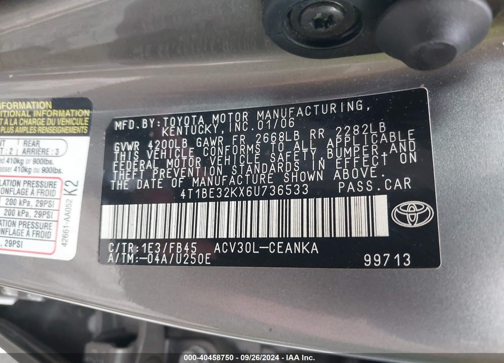 2006 TOYOTA CAMRY LE VIN: 4T1BE32KX6U736533