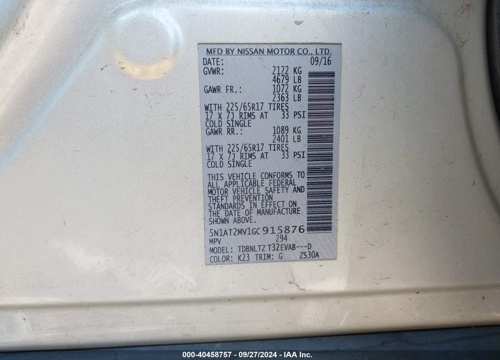 2016 NISSAN ROGUE VIN: 5N1AT2MV1GC915876