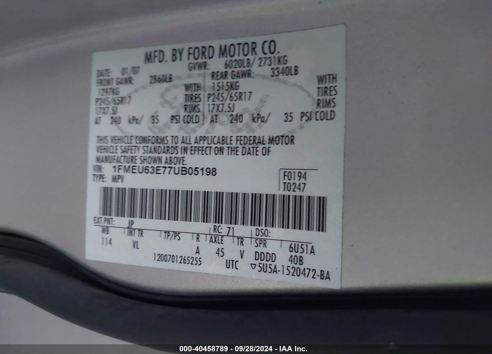 2007 FORD EXPLORER XLT VIN: 1FMEU63E77UB05198