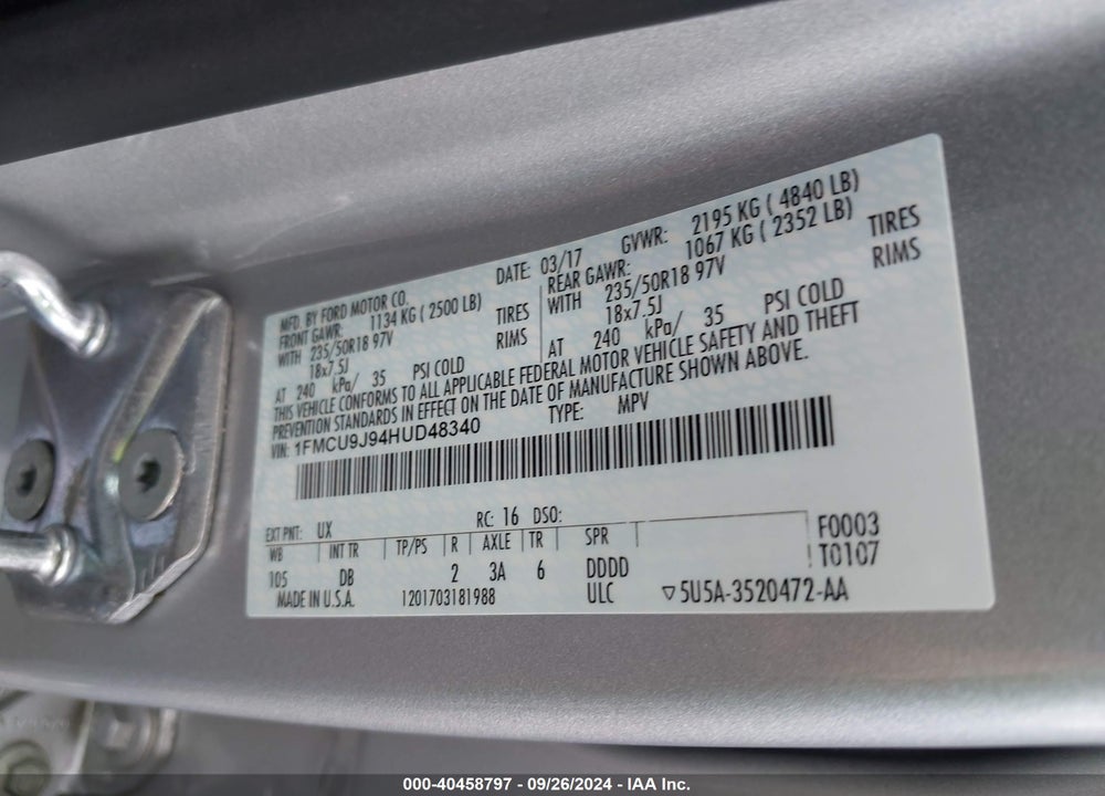 2017 FORD ESCAPE TITANIUM VIN: 1FMCU9J94HUD48340