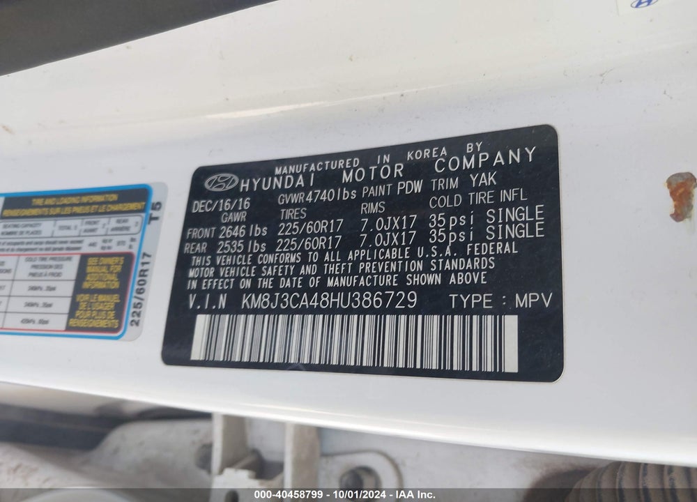 2017 HYUNDAI TUCSON VIN: KM8J3CA48HU386729