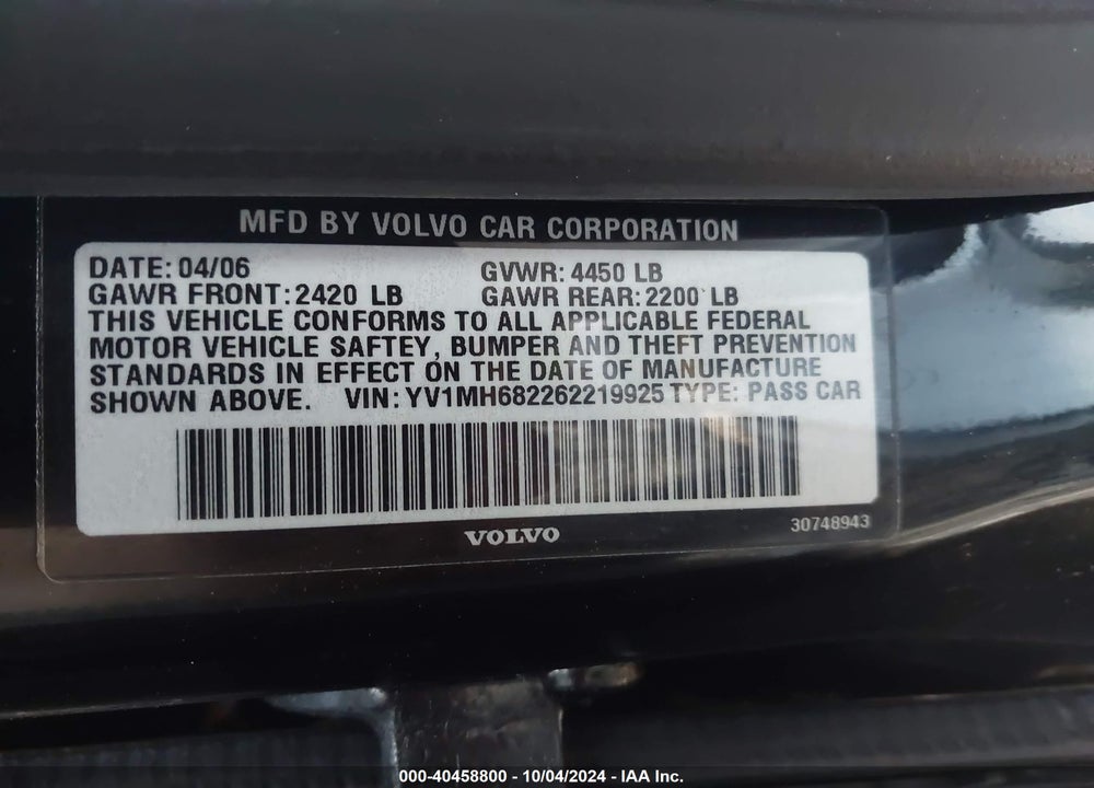 2006 VOLVO S40 T5 VIN: YV1MH682262219925