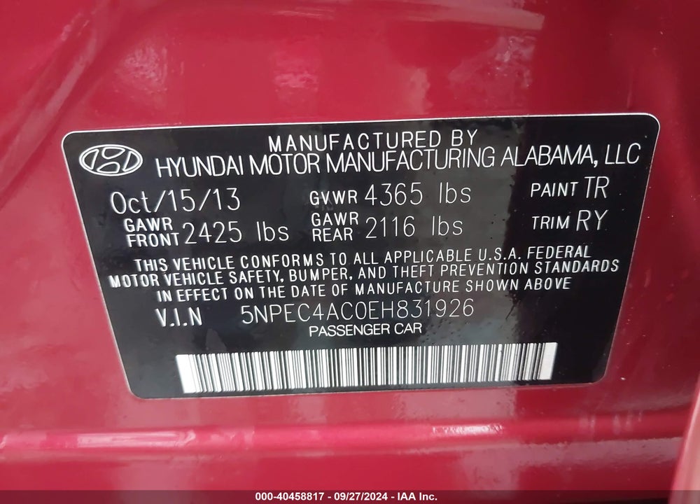 2014 HYUNDAI SONATA SE VIN: 5NPEC4AC0EH831926